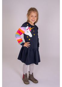 Sweatkleid happy girls, M&auml;dchen, Gr. 122, N-Gr, blau (navy), Sweatware, Obermaterial: 100% Baumwolle, bedruckt, unifarben, regular fit Midi, Rundhals, B&uuml;ndchen, Kleider Sweatkleid, mit wundersch&ouml;nem Einhorn-Motiv