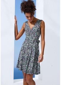 Jerseykleid Vivance, Damen, Gr. 48, N-Gr, beige (lila, t&uuml;rkis, creme gebl&uuml;mt), Jersey, Obermaterial: 95% Viskose, 5% Elasthan, bedruckt, gebl&uuml;mt, figurumspielend knielang, V-Ausschnitt, Kleider Jerseykleid, mit Alloverdruck und Bindeband, Wickelkleid, Sommerkleid, Topseller