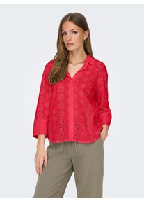 Jacqueline de Yong Hemdbluse JDY "JDYTALLIE 3/4 LONG SHIRT WVN NOOS", Damen, Gr. XS, rot (ski patrol), Spitze, Obermaterial: 100% Baumwolle, unifarben, regular fit Po-bedeckend, angesetztes B&uuml;ndchen, Blusen Hemdbluse, mit Lochstickerei-Detail