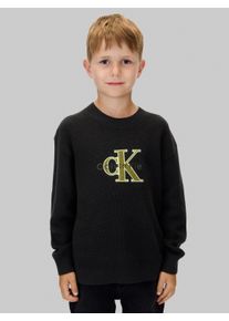 Strickpullover Calvin Klein Jeans "TOWELLING CK STITCH SWEATER", Jungen, Gr. 12 (152), schwarz (ck schwarz), Strick, Obermaterial: 100% Baumwolle, unifarben, regular fit h&uuml;ftlang, Rundhals, B&uuml;ndchen, Pullover Strickpullover, f&uuml;r Kinder bis 16 Jahre, Frottee-Applikation