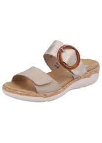 Pantolette Remonte, Damen, Gr. 41, beige (hellbeige, goldfarben), Lederimitat, metallic, Schuhe Pantolette, Keilabsatz, Sommerschuh, Schlupfschuh mit Wechselfu&szlig;bett