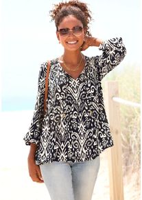 Langarmbluse Vivance, Damen, Gr. 44, blau (marine, beige bedruckt), Web, Obermaterial: 100% Viskose, bedruckt, figurumspielend h&uuml;ftlang, Rundhals, elastischer Bund mit innenliegendem Gummizug, Blusen Langarmbluse, mit Ballon&auml;rmeln, luftige Tunika mit lockerem Schnitt, Boho-Style