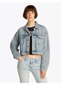 Jeansjacke Tommy Jeans "OVSZ CROP TRUCKER JACKET BI6012", Damen, Gr. M (38), blau (denim light), Denim/Jeans, Obermaterial: 82% Baumwolle, 18% Lyocell, unifarben, oversize kurz, 1-Knopf-Manschette, Jacken Jeansjacke, mit kurzem Schnitt, in blauer Waschung, mit Brusttaschen