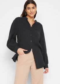 Langarmbluse bonprix "Musselin-Longbluse aus Baumwolle", Damen, Gr. 52, schwarz, Obermaterial: 100% Baumwolle, oversize, Blusen Langarmbluse, Oversize-Passform, mit Seitenschlitzen, aus Musselin