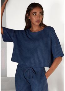 3/4-Arm-Shirt Lascana, Damen, Gr. 36/38, blau (blau, melange), Rippware, Obermaterial: 56% Polyester, 41% Viskose, 3% Elasthan, meliert, unifarben, figurumspielend kurz, Rundhals, Shirts 3/4-Arm-Shirt, Lounge-/Strickshirt aus weichem Strick, Loungewear