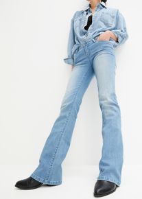 Bootcut-Jeans bonprix "Bootcut-Jeans Mid Waist, Stretch", Damen, Gr. 50, N-Gr, blau (hellblau denim), Obermaterial: 82% Baumwolle, 17% Polyester, 1% Elasthan, slim fit, Jeans Bootcut-Jeans, Slim Fit Passform, Mid Waist Schnitt, mit Stretch-Anteil