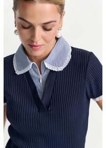 Poloshirt RICHROYAL, Damen, Gr. S, midnight blau, Rippware, Obermaterial: 96% Baumwolle, 4% Elasthan, unifarben, unifarben mit Farbeinsatz, figurumspielend h&uuml;ftlang, V-Ausschnitt, Spitzenkante, Shirts Poloshirt, im Lagen-Look, Shirt mit V-Ausschnitt und integriertem Blusenkragen
