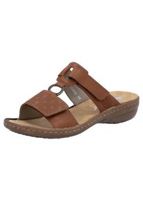 Pantolette Rieker, Damen, Gr. 42, braun (cognac), Lederimitat, unifarben, Schuhe Pantolette, Sommerschuh, Strandschuh, Klettschuh mit Perforation