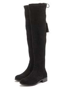 Overkneestiefel Lascana "Stiefel, Langschaftstiefel", Damen, Gr. 39, Varioschaft, schwarz, Obermaterial: 100% Textilmaterial. Decksohle: 100% Lederimitat. Futter: 100% Textilmaterial. Laufsohle: 100% Synthetik, unifarben, Basic, Schuhe Overkneestiefel, mit elastischem Weitschaft und raffiniertem Flechtdetail