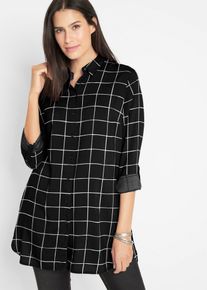 Longbluse bonprix "Karierte Longbluse mit Taschen", Damen, Gr. 38, schwarz (schwarz, wollwei&szlig; kariert), Obermaterial: 100% Viskose, figurumspielend, Blusen Longbluse, figurumspielende Passform, mit Karomuster, aus Viskose