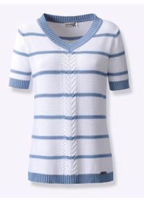 Damen Kurzarmpullover in Linksstrick-Optik in bleu ,Gr&ouml;&szlig;e 46, WITT, 50% Baumwolle, 50% Polyacryl