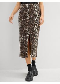 Damen Jeansrock im Leo-Look in schoko-schwarz-bedruckt ,Gr&ouml;&szlig;e 36, WITT, 97% Baumwolle, 3% Elasthan