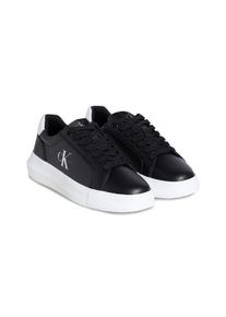 Plateausneaker Calvin Klein Jeans "CHUNKY CUPSOLE MONO LTH WN", Damen, Gr. 38, schwarz-wei&szlig; (schwarz, wei&szlig;), Leder, unifarben mit Farbeinsatz, Schuhe Plateausneaker, Schn&uuml;rschuh, Halbschuh, Freizeitsneaker mit seitlichem CK-Logo