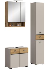 Badm&ouml;bel-Set Welltime "VANN, 3-teilige moderne Badkombination, inkl. Beleuchtung", kaschmir, evoke oak nachbildung, schwarz, B:107cm H:191cm T:35cm, Holzwerkstoff, Kastenm&ouml;bel-Sets, Badm&ouml;bel-Set, Bad-Kombination, Bad-M&ouml;bel, Badezimmer, Kombination, Kombi, Bad-Set