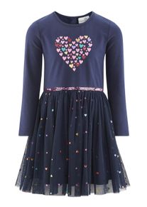Jerseykleid happy girls, M&auml;dchen, Gr. 128, N-Gr, blau (navy), Jersey, Obermaterial: 95% Baumwolle, 5% Elasthan. Obermaterial 2: 100% Polyester. Futter: 100% Polyester, bedruckt, regular fit knielang, Rundhals, Kleider Jerseykleid