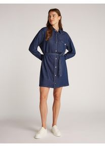 Jeanskleid Calvin Klein Jeans "BELTED TENCEL DENIM SHIRT DRESS", Damen, Gr. L (40), N-Gr, schwarz (denim schwarz), Web, Obermaterial: 50% Baumwolle, 40% Lyocell, 10% Modal, unifarben, regular fit ca. Mitte Oberschenkel, &Auml;rmel mit &Auml;rmelschlitz 1-Knopf-Manschette, Kleider Jeanskleid, mit Logostickerei