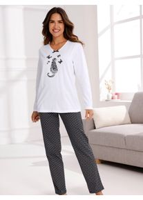 Dames Pyjama met kattenmotief in wit/zwart geprint ,maat 56/58, WITT, 100% Katoen