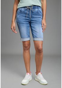 Jogg-Jeansbermudas Kangaroos, Damen, Gr. 42, N-Gr, blau (light blau used), Denim/Jeans, Obermaterial: 59% Baumwolle, 40% Polyester, 1% Elasthan, unifarben, Basic, bequem kniefrei, Jeans Jogg-Jeansbermudas, gerade geschnittenes Bein, elastischer Tunnelzugbund