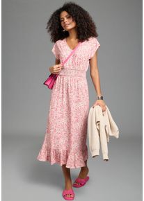 Sommerkleid Laura Scott, Damen, Gr. 36, N-Gr, rosa, gebl&uuml;mt, Single Jersey, Obermaterial: 95% Viskose, 5% Elasthan, gebl&uuml;mt, l&auml;ssig geschnitten ca. Mitte Wade, V-Ausschnitt, angeschnitten, Kleider Sommerkleid, femininer Stil, f&uuml;r entspannte Tage, aus elastischem Single Jersey, Topseller