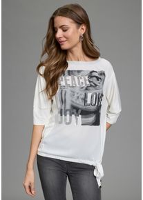Shirtbluse Laura Scott, Damen, Gr. 48, wei&szlig;, Web, Obermaterial: 100% Polyester. R&uuml;ckenteil: 95% Viskose, 5% Elasthan, bedruckt, figurumspielend h&uuml;ftlang, U-Boot-Ausschnitt, Blusen Shirtbluse, mit U-Boot-Ausschnitt, Halbarm und Glitzerdruck