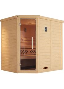 Weka Sauna en &eacute;l&eacute;ments en bois massif Premium KEMI d'angle set &eacute;conomique, mit 7,5 kW OS Klassikofen, 195x145 cm,Porte en verre