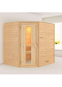 Sauna Karibu Woodfeeling Mia, avec costi&egrave;re de toiture, Porte tout verre,vitrage claire