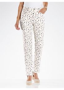 Dames Stretchbroek met bloemenprint in zand/donkerblauw bedrukt ,maat 23, WITT, 97% Katoen, 3% Elastan