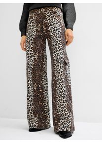 Dames Cargojeans met luipaardprint rondom in choco/zwart bedrukt ,maat 40, WITT, 97% Katoen, 3% Elastan