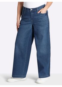 sheego Dames Jeans met gevlochten strepen op de wijde pijpen in blue-stonewashed ,maat 46, Witt, 81% Katoen, 17% Polyester, 2% Elastan