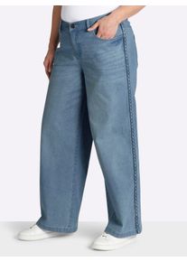 sheego Dames Jeans met gevlochten strepen op de wijde pijpen in blue-bleached ,maat 40, Witt, 81% Katoen, 17% Polyester, 2% Elastan