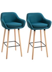 HOMCOM Scandinavian Design Bar Stools - Set of 2 Bar Stools with High Comfort, Footrests, and Armrests - Solid Wood Blue Linen | Aosom Ireland