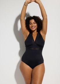 bonprix Női F&uuml;rdőruha l&eacute;zerkiv&aacute;g&aacute;s&uacute; bet&eacute;tekkel, fekete, 40