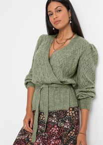 bonprix Wickelpullover mit Puff&auml;rmeln, gr&uuml;n, Gr.32/34 (XS), Zauberhafter Wickelpullover mit Bindeband und Puff&auml;rmeln.