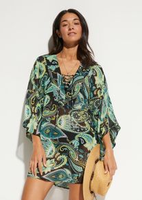 Tunikakleid bonprix "Strandtunika aus leichtem Chiffon", Damen, Gr. 40/42 (M), N-Gr, schwarz (schwarz, gr&uuml;n paisley), Chiffon, Obermaterial: 100% Polyester, Paisley, loose fit ca. Mitte Oberschenkel, V-Ausschnitt, weit, Kleider Tunikakleid, aus leichtem Chiffon, lockere loose fit Passform, mit Paisley-Muster