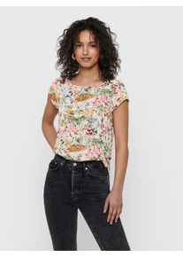 Shirtbluse Only "ONLVIC S/S AOP TOP NOOS PTM", Damen, Gr. 40, cloud dancer aop:blurry flower, Web, Obermaterial: 97% Polyester, 3% Elasthan, bedruckt, regular fit h&uuml;ftlang, Rundhals, Blusen Shirtbluse, mit Allover Druck