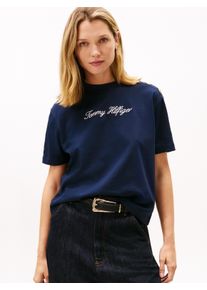 Kurzarmshirt Tommy Hilfiger "GOLD BTN SCRIPT MDRN SS TEE", Damen, Gr. XS (34), schwarz night navy, Single Jersey, Obermaterial: 100% Baumwolle, bedruckt, regular fit, Rundhals, Shirts Kurzarmshirt, mit goldfarbenen Kn&ouml;pfen