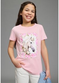 T-Shirt Kidsworld "S&uuml;&szlig;er Pferde-Fotodruck", M&auml;dchen, Gr. 140/146, rosa, Single Jersey, Obermaterial: 100% Baumwolle, bedruckt, Basic, Rundhals, Shirts T-Shirt, f&uuml;r M&auml;dchen, Kurzarm, mit Rundhalsausschnitt, mit coolem Druck