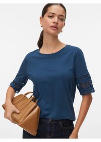 V&eacute;ro Moda T-Shirt VERO MODA "VMIVACY 2/4 O-NECK TOP JRS BTQ", Damen, Gr. XL, schwarz denim, Jersey, Obermaterial: 100% Baumwolle, unifarben, normal normal, Rundhals, Shirts T-Shirt, mit Lochstickerei, Topseller