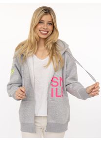Kapuzensweatjacke Zwillingsherz "Alissa", Damen, Gr. S/M, grau (graumeliert), Sweatware, Obermaterial: 50% Baumwolle, 50% Polyester, bedruckt, bestickt, unifarben, h&uuml;ftbedeckend, ohne Ausschnitt, Rippb&uuml;ndchen, Sweatjacken Kapuzensweatjacke, mit SMILE, gesticktem Herz am Arm und Rei&szlig;verschluss