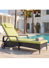 Poly-Rattan Sonnenliege Carrara, Relaxliege Gartenliege Liege, Alu ~ anthrazit, Kissen hellgr&uuml;n