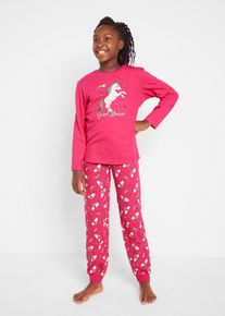 Pyjama bonprix "Pyjama aus reiner Baumwolle (2-tlg. Set)", M&auml;dchen, Gr. 164/170, rosa (dunkelpink bedruckt), Jersey, Obermaterial: 100% Baumwolle, bedruckt, Basic lang, Rundhals, Homewear-Sets Pyjama, bequeme Passform, aus Baumwolle, mit Einhorn-Print, Topseller