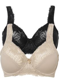 Minimizer-BH bonprix "Minimizer-BH mit gepolsterten Tr&auml;gern (2er Pack)", Damen, Gr. 100, Cup C, beige (kreidebeige, schwarz), Obermaterial: 80% Polyamid, 20% Elasthan. Futter: 100% Baumwolle. Spitze: 87% Polyamid, 13% Elasthan, BHs Minimizer-BH, Minimizer-Passform, mit gepolsterten Tr&auml;gern, mit edler Spitze