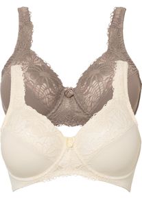 Minimizer-BH bonprix "Minimizer-BH mit gepolsterten Tr&auml;gern (2er Pack)", Damen, Gr. 75, Cup D, beige (creme, taupe), Obermaterial: 80% Polyamid, 20% Elasthan. Futter: 100% Baumwolle. Spitze: 87% Polyamid, 13% Elasthan, BHs Minimizer-BH, Minimizer-Passform, mit gepolsterten Tr&auml;gern, mit edler Spitze