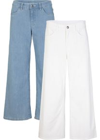 Caprijeans bonprix "Capri Jeans Mid Waist, (2er Pack)", Damen, Gr. 44, N-Gr, blau (eisblau denim, wei&szlig;), Denim/Jeans, Obermaterial: 82% Baumwolle, 17% Polyester, 1% Elasthan. Obermaterial 2: 97% Baumwolle, 3% Elasthan, unifarben, loose fit 7/8-L&auml;nge, Jeans Caprijeans, lockere Passform, mit Eingrifftaschen, mit Ges&auml;&szlig;taschen
