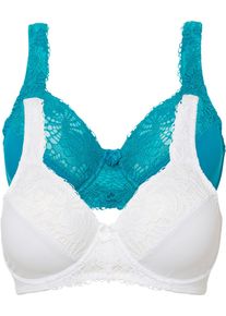 Minimizer-BH bonprix "Minimizer-BH mit gepolsterten Tr&auml;gern (2er Pack)", Damen, Gr. 85, Cup F, wei&szlig; (wei&szlig;, petrolgr&uuml;n), Obermaterial: 80% Polyamid, 20% Elasthan. Futter: 100% Baumwolle. Spitze: 87% Polyamid, 13% Elasthan, BHs Minimizer-BH, Minimizer-Passform, mit gepolsterten Tr&auml;gern, mit edler Spitze