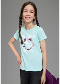 T-Shirt Kidsworld "mit Wendepailletten", M&auml;dchen, Gr. 128/134, t&uuml;rkis, Single Jersey, Obermaterial: 100% Baumwolle, bedruckt, Basic h&uuml;ftlang, Rundhals, abgesteppte Kante, Shirts T-Shirt, Kurzarm, Basic-Passform, mit Pailletten, bedruckt