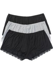 Boxer bonprix "Lockere Viskose Boxer (3er Pack)", Damen, Gr. 32/34 (XS), 3 Stk., schwarz (schwarz, hellgrau meliert), Obermaterial: 95% Viskose, 5% Elasthan. Spitze: 84% Polyamid, 16% Elasthan, Unterhosen Boxer, mit Spitzenverzierung, aus Viskose mit Elasthan, 3er Pack