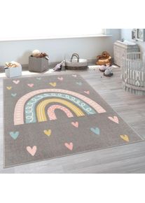 Paco Home, Kinderteppich &raquo;Nino 887&laquo; rechteckig 13 mm H&ouml;he Kurzflor, Spielteppich, Motiv Regenbogen & Herzen, Kinderzimmer, grau, Polypropylen, B : 133