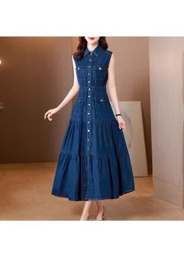 TIYIHAILEY-Long Mid-Calf Sleeveless Denim Dresses, Single Breasted Dresses, Chinese Style, New, M-4XL, 2026 Blue