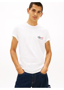 T-Shirt Tommy Jeans "TJM SLIM FIT SIGN CHEST", Herren, Gr. M, ecru, Single Jersey, Obermaterial: 100% Baumwolle, unifarben, slim fit normal, Rundhals, eingesetzt abgesteppte Kante, Shirts T-Shirt, mit Markenprint